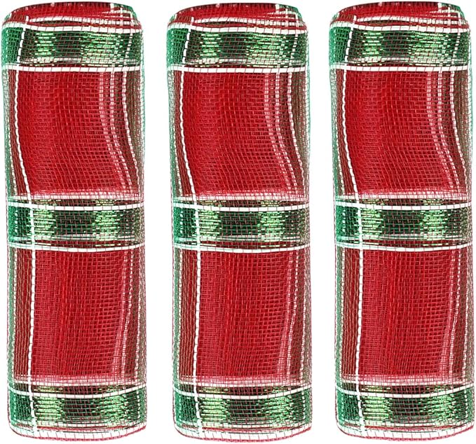 3 Rolls Red Green Deco Mesh Ribbon for Wreath Making Supplies, 10 Inch x 30FT Metallic Foil Burlap Deco Mesh Fabric for Christmas Tree New Year Winter Door Wreath Swags and Decorating