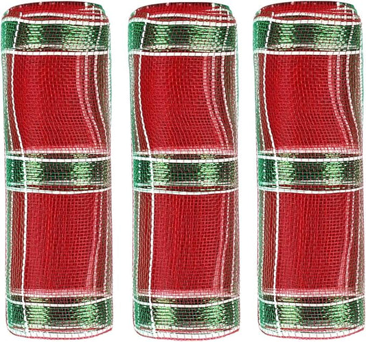 3 Rolls Red Green Deco Mesh Ribbon for Wreath Making Supplies, 10 Inch x 30FT Metallic Foil Burlap Deco Mesh Fabric for Christmas Tree New Year Winter Door Wreath Swags and Decorating