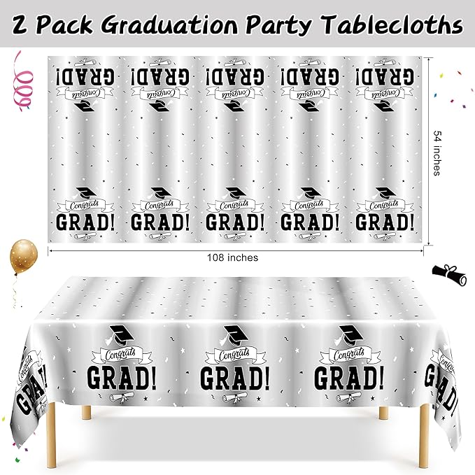 2 Pcs 2026 Graduation Table Decorations, 108" X 54" Silver Graduation Table Cloths, Rectangle TableCloth for Grad Party Supplies, Disposable Plastic Tablecover for Class 2026 Congrats Grad for Kids
