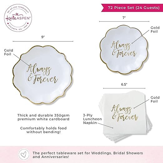 Kate Aspen Always & Forever Wedding Paper Plates and Napkins Set - 72 Piece Wedding Plates Disposable Party Tableware for 24 Guests - Bridal Shower Decorations, Engagement Party Decor