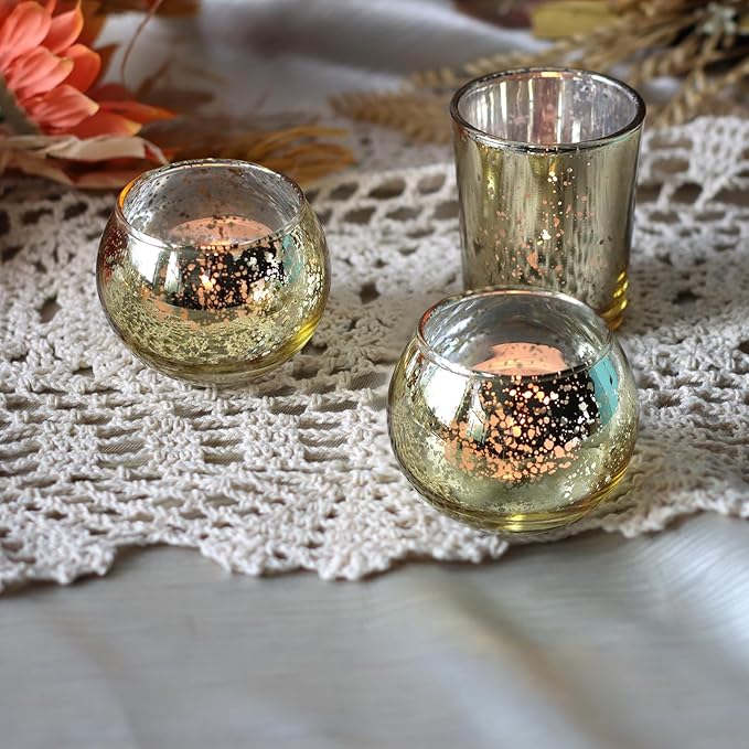 48pcs Assorted Gold Votive Candle Holders Bulk for Table Centerpieces,Mercury Glass Candle Holder for Tea Lights,Wedding Decorations, Christmas/Diwali Decorations for Home,Gold Party Supplies