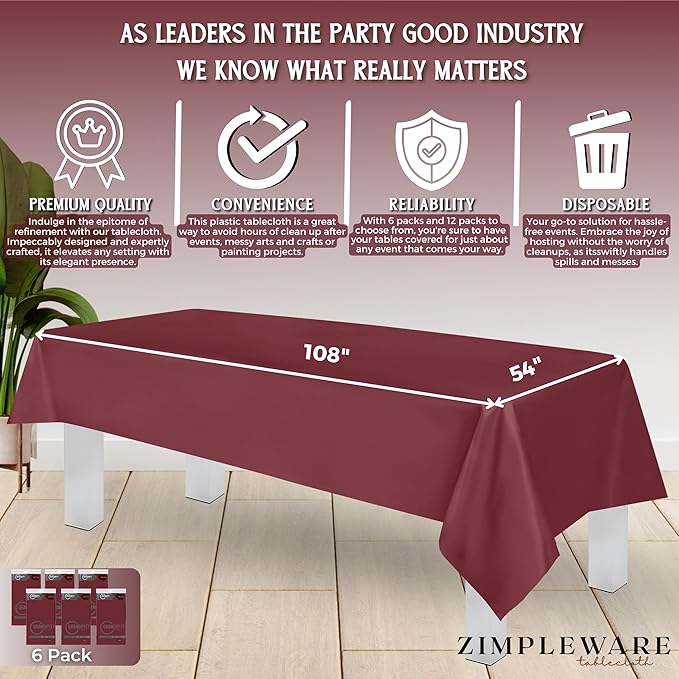 ZIMPLEWARE Premium Burgundy Plastic Table Cloth Disposable (6 Pk) Plastic Tablecloths for Rectangle Tables (54in x 108in) Party Table Cloths Disposable for 6ft to 8ft Rectangle Tables