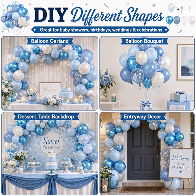 Blue Balloons, 60Pcs Pearl White and Blue Balloon, 12 Inch Latex Double Stuff Pearl Blue Balloons for Boy Baby Shower Birthday Party Gender Reveal Wedding Anniversary Graduation Party Decorations