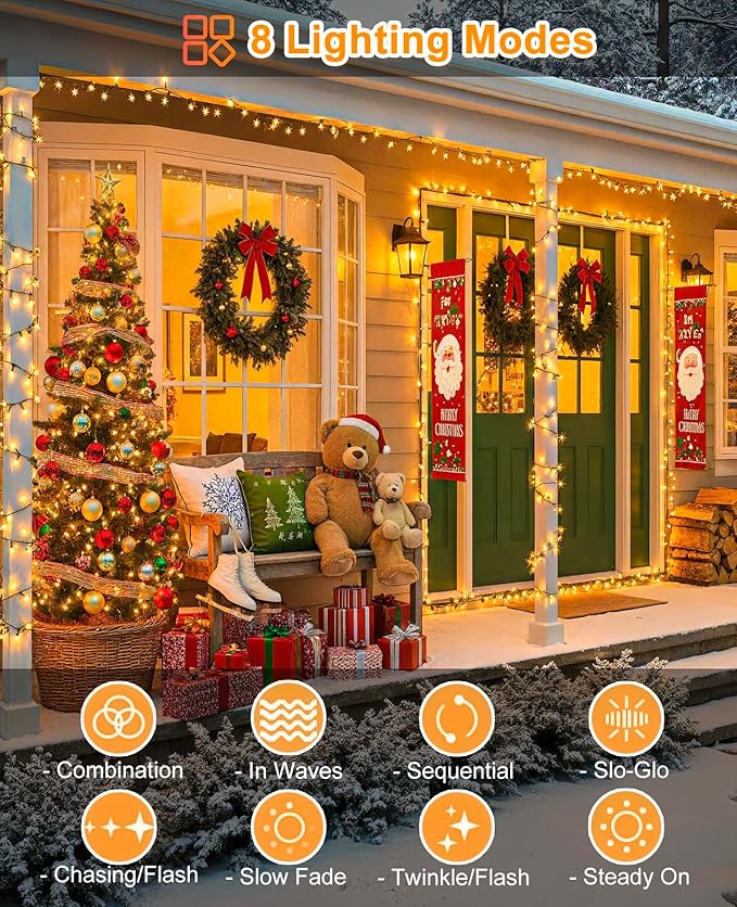 40FT 120 LED Christmas String Lights, Warm White Christmas Lights Outdoor with 8 Modes & Waterproof, Connectable Plug in Christmas Tree Lights for Indoor Bedroom Yard Holiday Decorations
