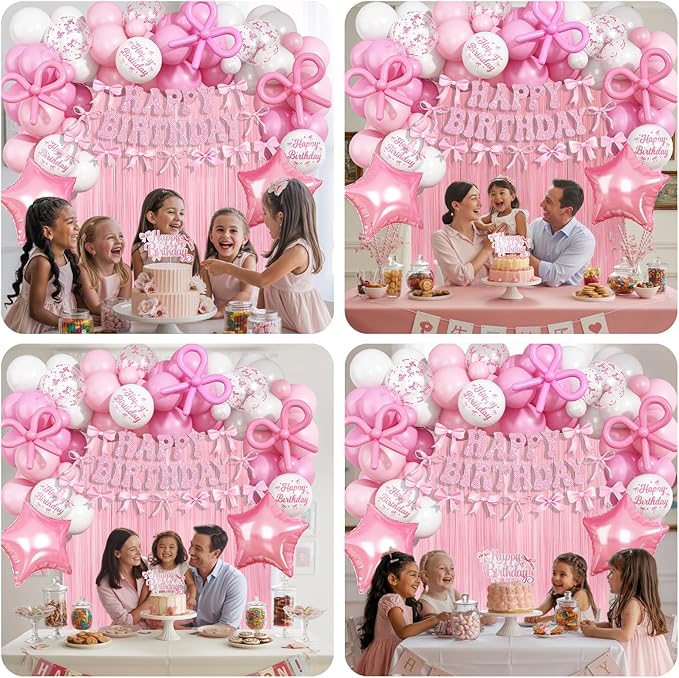 Pink Bow Birthday Decorations, Coquette Party Decoration for Girls Women Pastel Light Pink White Bow Latex Balloons Happy Birthday Banner Cake Topper for Baby Shower Bachelorette Party Decor Supplies