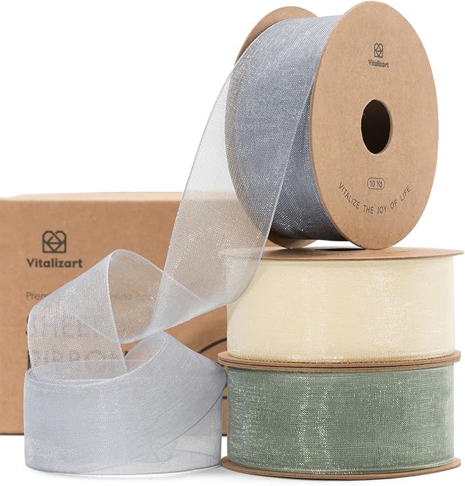 Vitalizart Organza Sheer Ribbon Set 1 inch x 30 Yd Handmade Fabric Ribbons for Gift Wrapping Christmas Tree Crafts Bows Wedding Invitations Wreaths Wrap Cream White Dusty Blue & Green