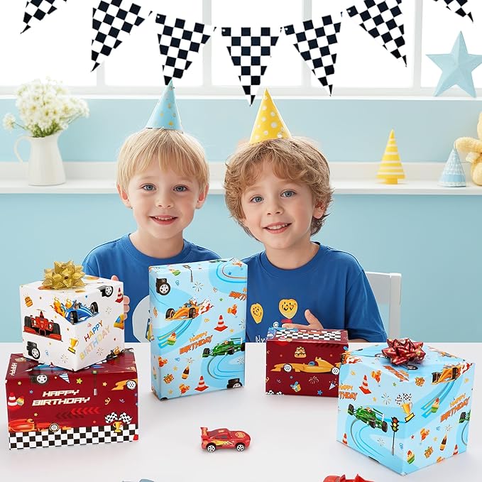 WERNNSAI Race Car Wrapping Paper Rolls - 3 Short Rolls 17 in x 120 in Racing Car for Kids Boy Birthday Truck Car Theme Party Gift Packing Supply Red Blue White Wrapping Paper with Cut Lines