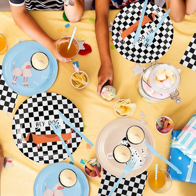 144Pcs Pet Dog Birthday Party Supplies Decorations Puppy Themed Paper Plates Napkins Vintage Puppy Party Tableware Disposable Pet Dinnerware Set for Kids Birthday Baby Shower Table Decor, Serve 24