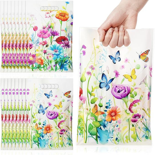 Epakh 100 Pcs Wildflower Butterfly Gift Bags Bulk Plastic Goody Bags with Handles Treat Candy Gift Packing for Baby Shower Spring Summer Floral Birthday Party Supplies(Colorful)