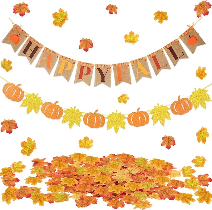 Pre-strung Happy Fall Burlap Banner, Fall Decorations with 100 Pcs Artificial Maple Leaves and Fall Banners for Inside for Autumn Thanksgiving Home Decorations