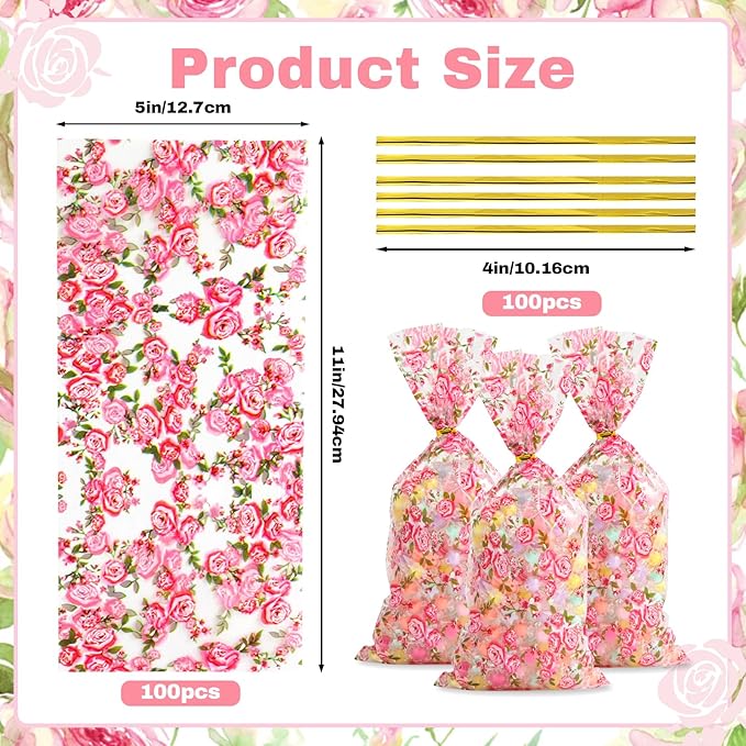 Docvania Floral Cellophane Treat Bags Plastic Gift Bag 100 pcs 5 X 11 Flowers Cookie Bags with Ties Goodie Candy Bag Suitable for Mother's Day, Valentine's Day, and Holiday Parties
