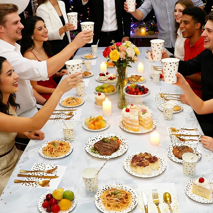 Party Supplies 402pcs White & Gold Plates and Napkins Sets - Disposable Dinnerware Sets for 50 Guests with Paper Plates Cups Straws Plastic Cutlery 2 Tablecloths - Bridal Shower Birthday Wedding