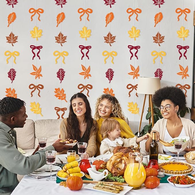 TaoBary 8 Pack Thanksgiving Fall Maple Leaves Garland Banner for Thanksgiving Mantle Decorations Autumn Home Farmhouse Decor Maple Leaf Bow Hanging Streamer for Wedding Birthday Party Supplies
