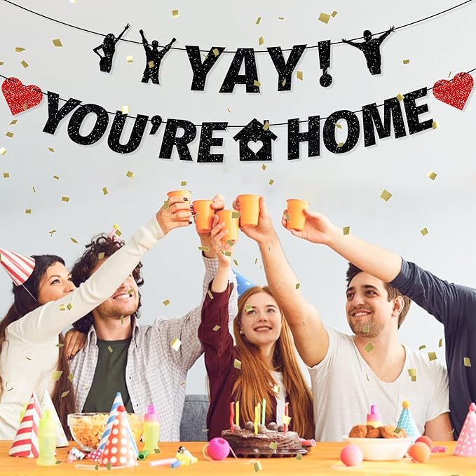 Pre-Strung Yay! You’re Home Banner, NO DIY Glitter Welcome Home Decorations for Military Army Returning Homecoming Party, Black
