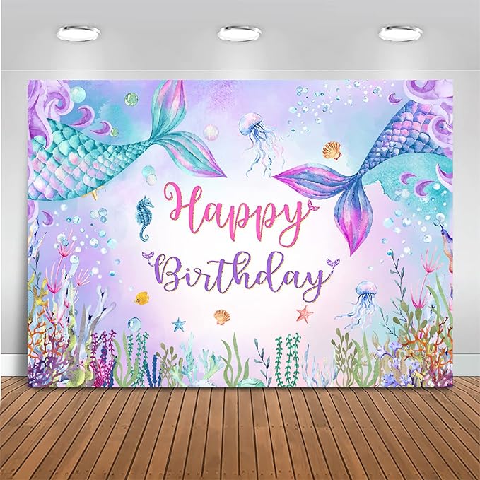 Mocsicka Mermaid Birthday Backdrop and Tablecloth Bundle Party Decorations