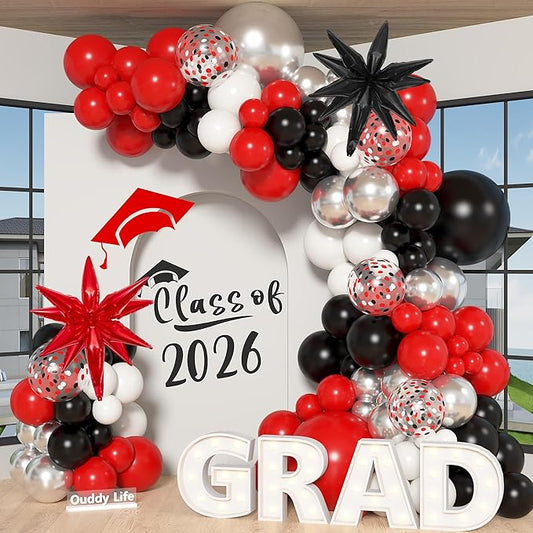 Ouddy Life 142pcs Red and Black Balloon Garland Arch Kit, Class of 2026 Decorations Graduation Red Black and White Sliver Confetti Balloons Foil Star for Anniversary Birthday Racing Car Poker Party