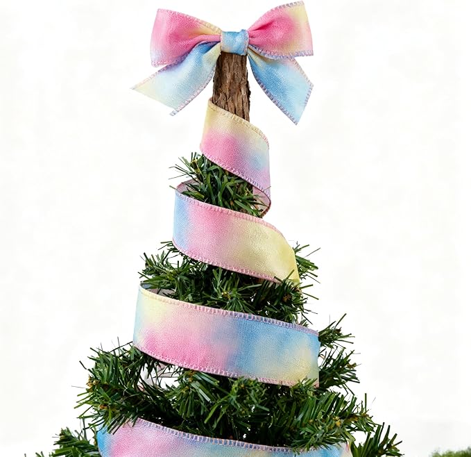 Meseey 2.5 Inch x 10 Yards Pastel Wired Ribbon, Rainbow Gradient Wired Edge Ribbon for Easter Wreaths, Gift Wrapping, Easter Baskets, Crafts, Spring Party Decorations