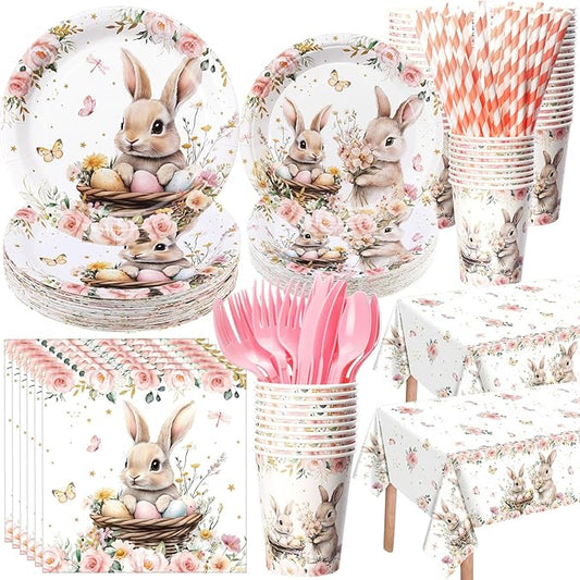 452 Pcs Bunny Birthday Party Decorations for 50 Guests, Pink Floral Bunny Paper Plates and Napkins Cups Cutlery Rabbit Disposable Tableware Set for Spring Baby Shower Birthday Supplies