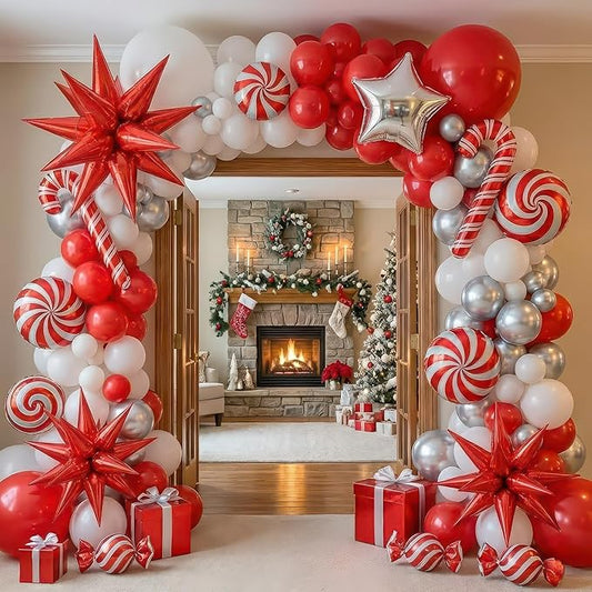 Christmas Party Decorations with Red White Silver Balloon Garland Arch Kit & small Star Candy Cane foil Balloons for 2026 Winter wonderland baby shower Xmas friendsmas new years eve Party Decorations