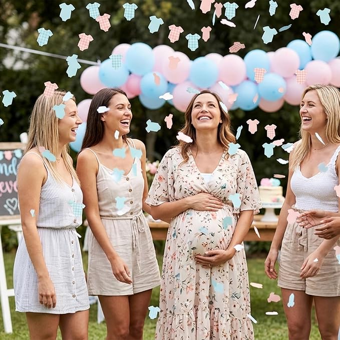 BeYumi Baby Shower Table Confetti - 300Pcs Blue Pink Short-Sleeve Bodysuits Table Confetti Decorations Plaid Baby Outfit Scatter Paper Decor for Baby Girls Boys Gender Reveal Birthday Party Supplies