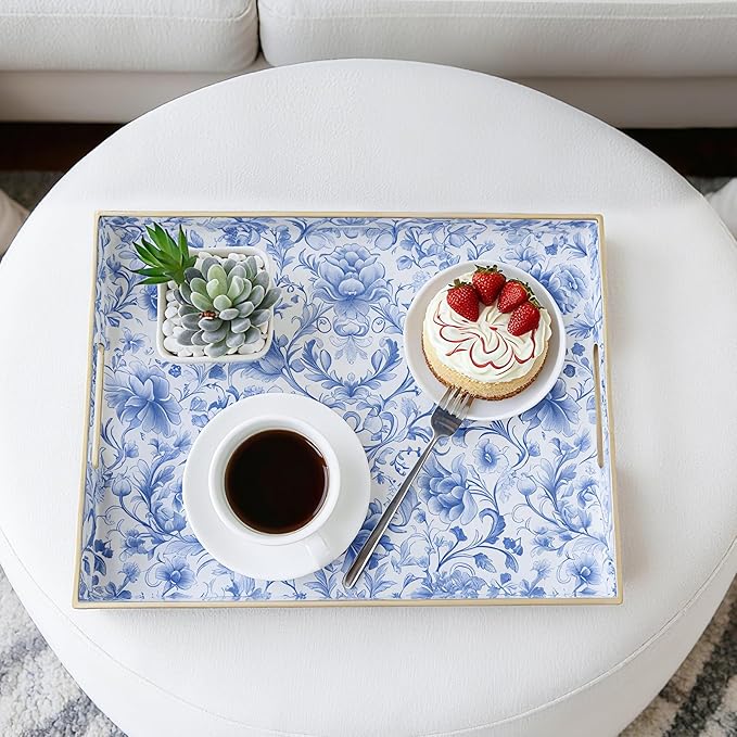 Serving Tray with Handles, Rectangular Plastic Tray 15.75x11.81 Inch, Blue and White Peony Chinese Porcelain Style Decorative Tray for Kitchen, Dining Table, Vanity, Office & Home