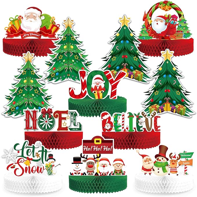 KALEFO 12 Pcs Christmas Honeycomb Centerpieces Santa Reindeer Design for Winter Xmas Holiday Party 3D Table Decor Supplies