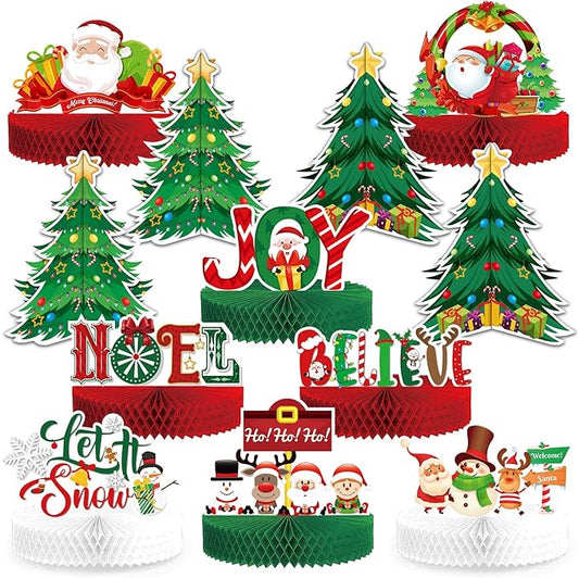 KALEFO 12 Pcs Christmas Honeycomb Centerpieces Santa Reindeer Design for Winter Xmas Holiday Party 3D Table Decor Supplies