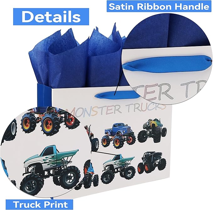 16.5” Extra Large Truck-themed Gift Bags Set with Greeting Card and Tissue Paper (Monster Trucks Design) for boys, Kids Birthday Party,Baby boy,Baby Shower,Newborn,New Moms or Parents