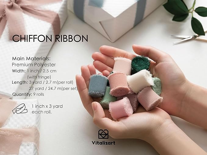 Vitalizart 1" x 27 Yd Chiffon Silk Ribbon Mixed Color Ribbons Set 3 Yd x 9 Rolls Fringe Fabric for Wedding Invitations Bridal Bouquets Party Decoration Gift Wrapping Bow Making