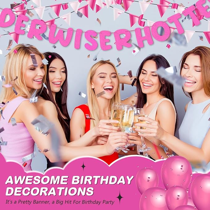 Fulmoon Set of 3 Pre Strung Older Wiser Hotter Glitter Banner Funny Birthday Banner for Women 30th 40th 50th 60th 70th 80th Birthday Party Decorations Sign Gift(Light Pink)