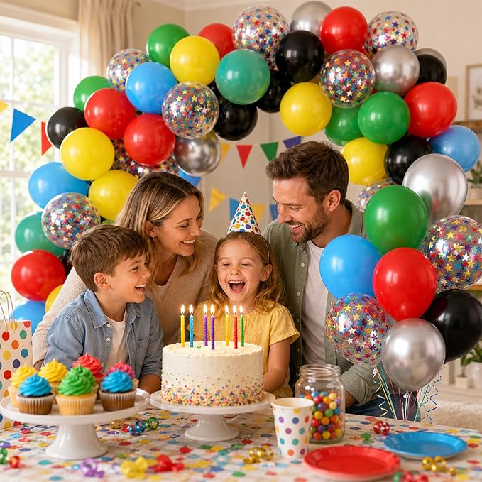 Multicolor Balloons, 60Pcs Red Yellow Blue Balloon, 12 Inch Latex Colorful Metallic Silver Green Black Red Blue Yellow Confetti Balloons Helium for Baby Shower Kids Birthday Wedding Party Decorations