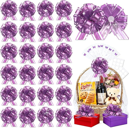 24pcs Purple Pull Bow for Gift Basket Wrapping Xmas Gift Bows Presents Adhesive Wrap Ribbon Bow for Christmas Tree Ornament Wine Bottles Bouquet Flower Valentine's Day Party Decor (Purple-G)