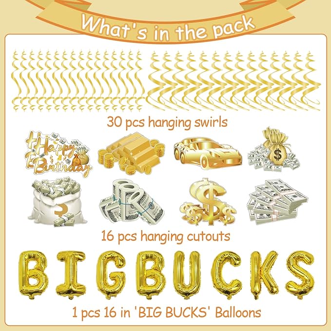Money Party Decorations Big Bucks Balloons Gold Money Theme Hanging Swirls Dollar Bill Signs Currency Symbol Money Bag Happy Birthday Party Decorations for Adults Buchona Casino Gangster Party 31 pcs