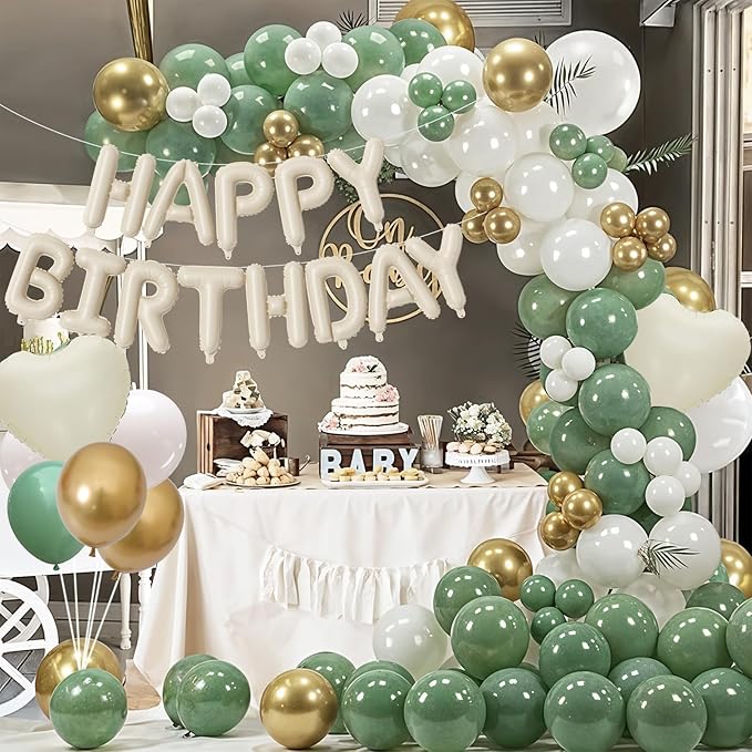 Happy Birthday Balloon Banner Cream Green, 16 Inch Beige Mylar Letters Heart Foil Balloons Sage Olive Green Ivory Metallic Gold Balloons Boho Neutral Birthday Decorations for Girls Women Boy Men