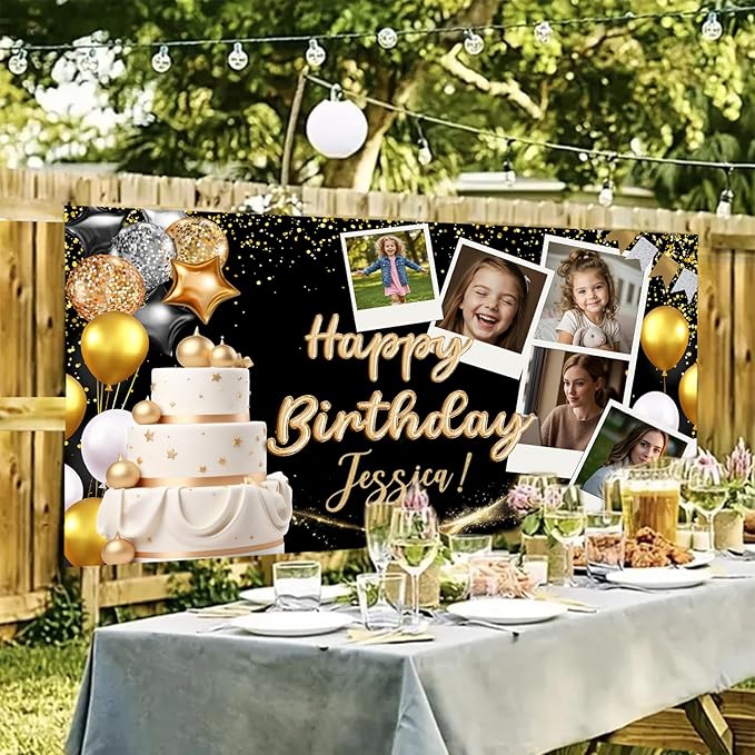 Customized Birthday Banner Personalized with Pictures and Name, Happy Birthday Party Decorations for Husband or Men, Unique Celebration Backdrop Banner for Event