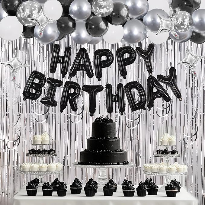 92 PCS Black and Silver Happy Birthday Decorations Balloons Fringe Curtains Vortex for Boys Men Girls Women 16th 18th 20th 21st 25th 30th 40th 50th 60th Birthday Party Decorations (Black Silver)