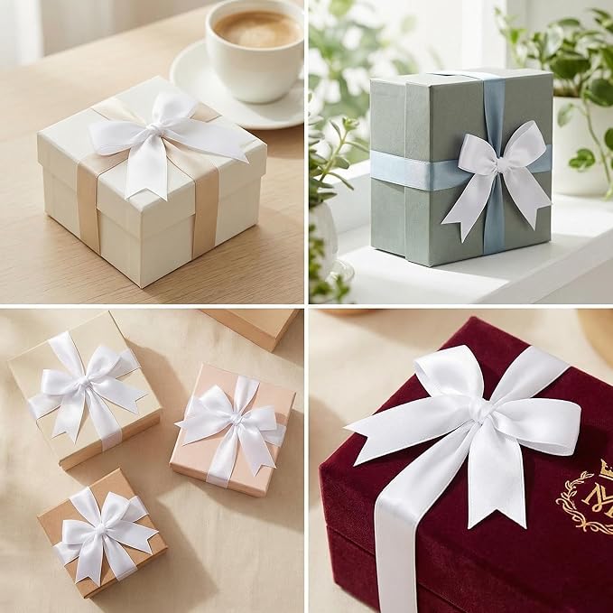White Gift Wrap Bows – 50pcs 3.3 Inch Elegant Satin Bows for Gift Wrapping, Wedding Decor, Baby Shower, Party Decorations, Birthday, Easter, Christmas, Anniversary, DIY Crafts, Gift Bags
