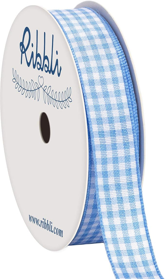 Ribbli Light Blue and White Gingham Ribbon,100% Polyester Woven Edge,5/8 Inch x 10 Yard,Plaid Ribbon Use for Baby Shower,Gift Wrapping,Party Decoration