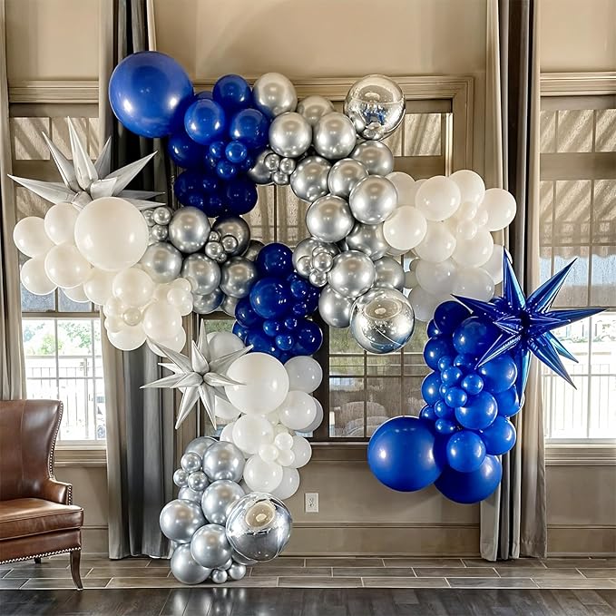 HILAVO Blue White Silver Balloon Arch Kit with Explosion Star 4D Silver Foil Balloons Royal Blue Metallic Silver White Balloon Garland for Blue 2026 Graduation Decoration Birthday Baby Shower Party