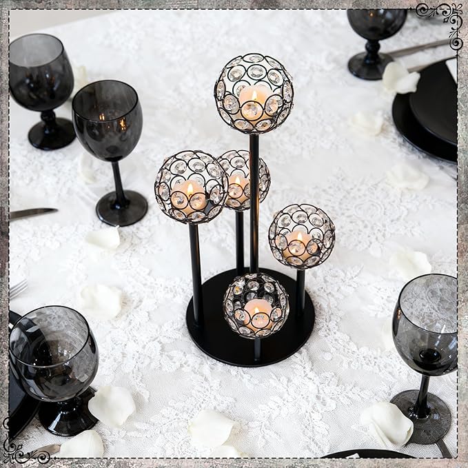 5-Arm Crystal Tealight Candelabra Centerpiece, 14.8 Inch Metal Candle Holder for Table Decor, Wedding, Christmas, Party, Anniversary & Home Decoration (2, Black, S-14.8 in)