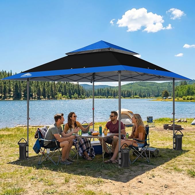 EAGLE PEAK 13x13 Straight Leg Pop Up Canopy Tent Instant Outdoor Canopy Easy Single Person Set up Folding Shelter w/Auto Extending Eaves 169 Square Feet of Shade (Black/Blue)