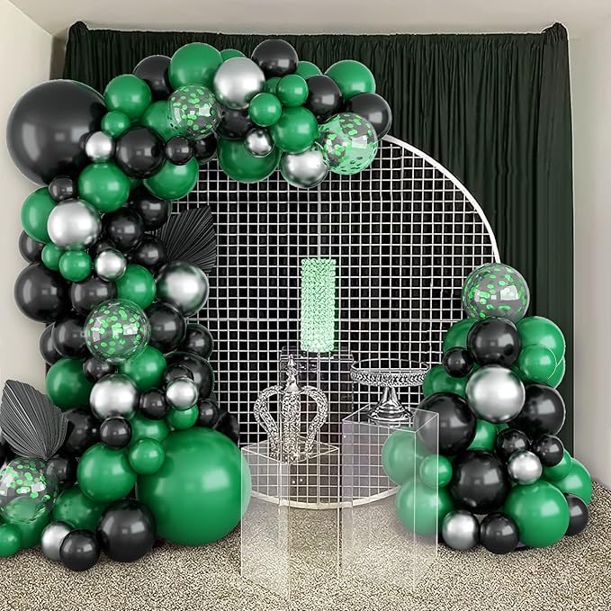 Black Green Balloon Garland,BTZO Balloons Arch Kit With Metallic Silver Confetti Balloon,Black and Green Balloons for Birthday Wedding Bridal Shower Graduations Party Decorations