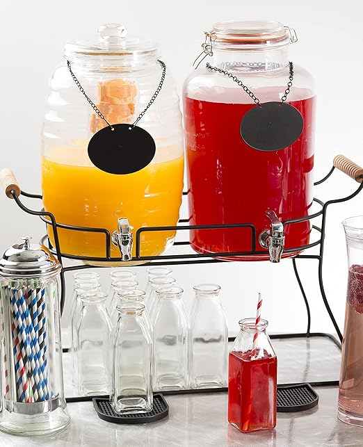 TableCraft BDG2000 Glass Beverage Dispenser, 2.5 Gal Rustic Country Drink Dispenser with Chrome Plated Faucet & Chalkboard Necklace, Clear Glass, 8.25" x 10.5" x 14", 1-Pack