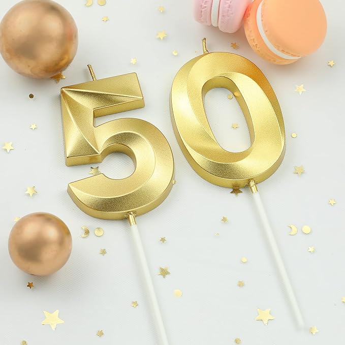 2.76 Inch Diamond Gold 50 Number Birthday Candles, Gold Number Candles, Cake Number Candles, Party Celebration