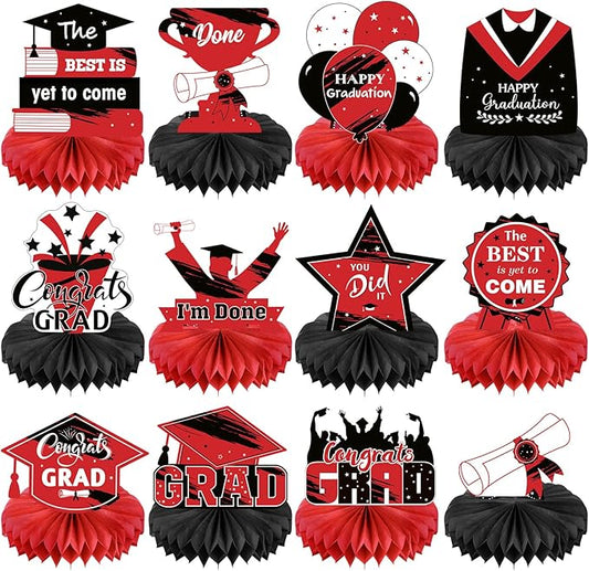 Honoson 12 Pcs 2026 Graduation Party Decorations Class of 2026 Congrats Grad Table Centerpieces Congratulate Graduation Honeycomb Table Toppers for Grad Party Favor Supplies(Red, Black)
