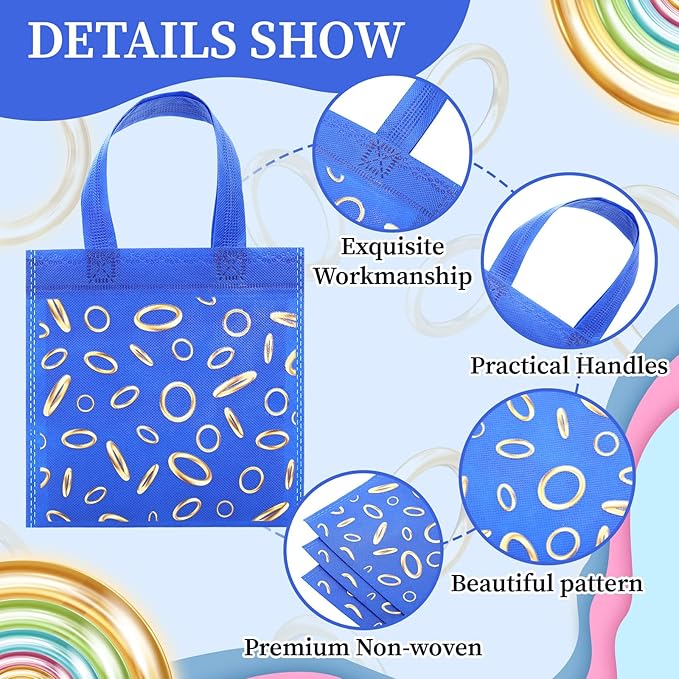 Tudomro 24 Pcs Blue and Golden Ring Favor Bags with Handle Reusable Non Woven Gift Bag Goodies Treats Totes for Video Game Birthday Party Supplies, 7.87 Inches