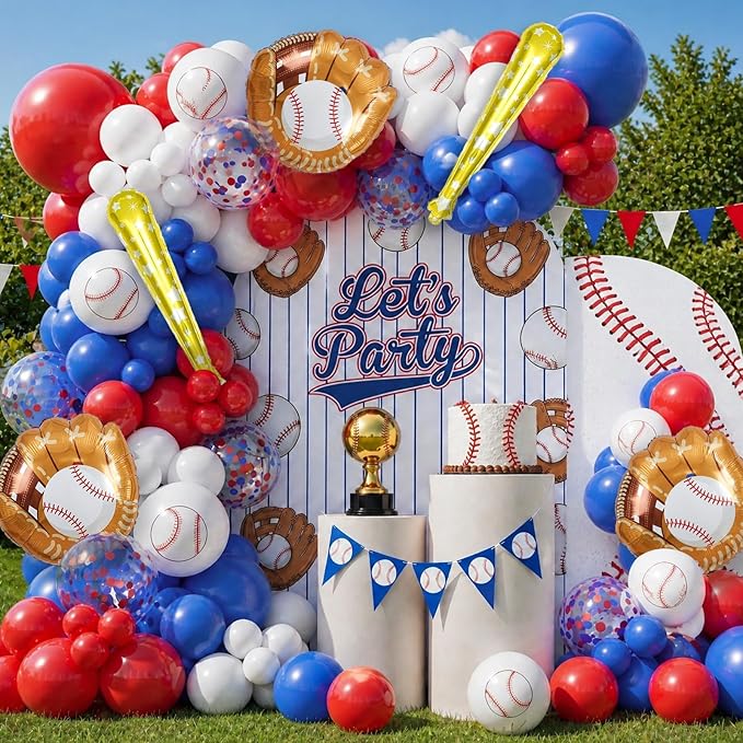 AobkDeco Baseball Balloon Garland Arch Kit Baseball Party Decorations with 143pcs Red White Blue Confetti Latex Balloons Baseball Foil Balloons for Baseball Theme Birthday Party Supplies Baby Shower