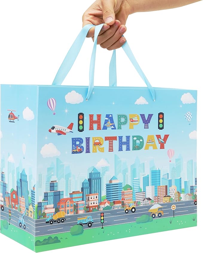 Qirrmiy 13'' Large Birthday Gift Bag Set with Handles, Greeting Card, Tissue Papers and Stickers for Boys', Girls', Kids' Party, Baby, Newborn, Birthday Design, 1 Pcs