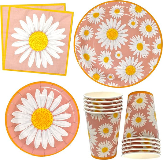 Gift Boutique Daisy Flower Party Supplies Tableware Set 9" 7" Paper Plates Cups Napkins Floral Summer Spring Groovy Birthday Disposable Dinnerware Serves 24