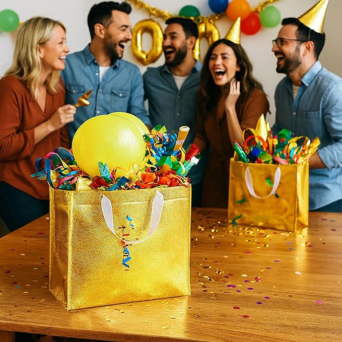VGOODALL 15PCS Gold Gift Bags with Handles, 12.6 x 5 x 11 Reusable Large Party Favor Bags for Birthday, Wedding
